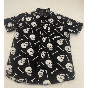 RUGBY University Skull All Over Button Down Black Men's SZ M Short Sleeve